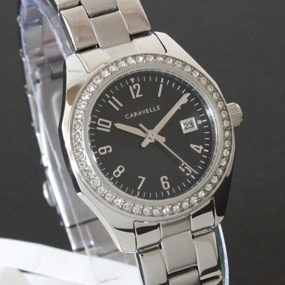 Caravelle Ladies Dress Watch By Bulova Black Sunray Dial 48 Crystal Bezel 28mm - Picture 5 of 12